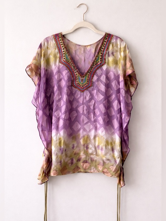 Hale Bob Silk Blend Beaded Boho Tunic Top Purple Multicolor Small - Picture 2 of 7